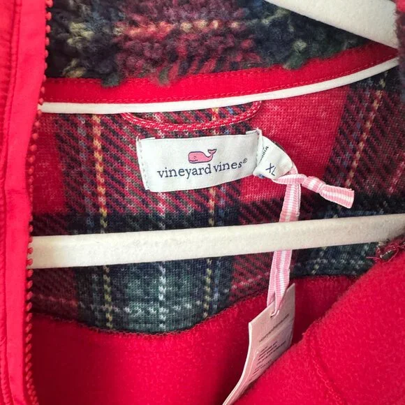 Vineyard Vines | Red Plaid Color-Block Super Shep Half-Zip Teddy Fleece Pullover - Picture 6 of 7